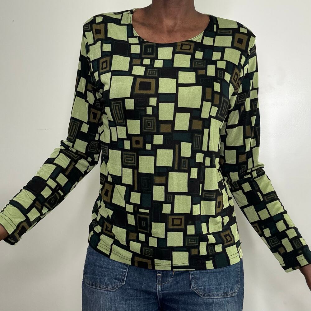 CAROL ROSE |  Green MOD Print Long sleeve Stretch Blouse Top Size Large